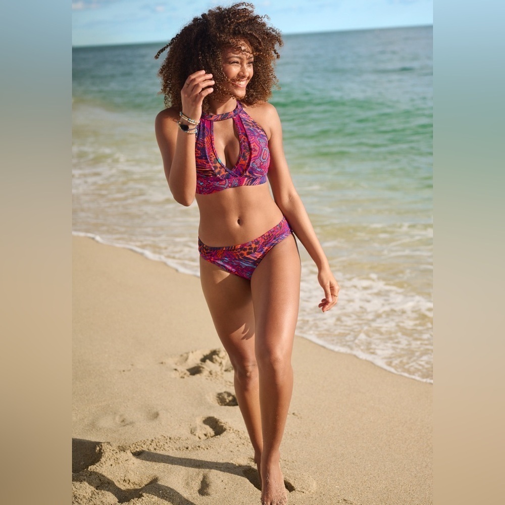 VENUS Pink and Teal Halter Bikini Top with Cut Out size 12